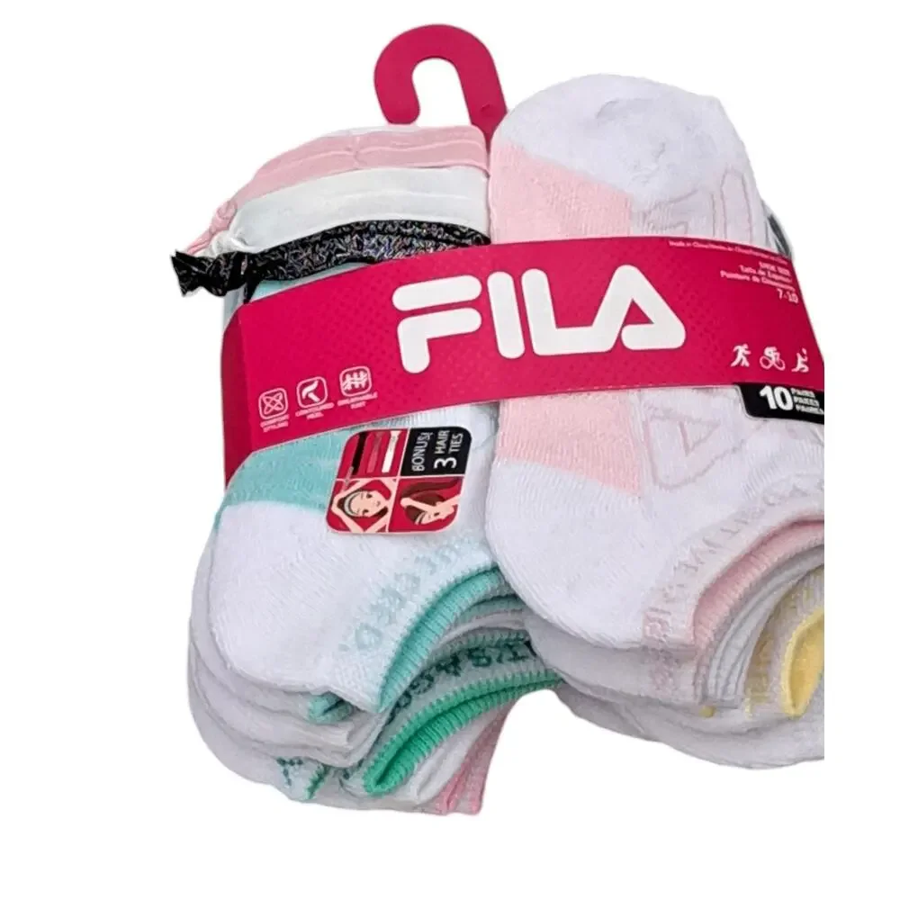 NWT Fila 10 Pairs Comfort Knit Soft Socks Bonus 3 Hair Ties Girls 7 to 10 Shoe